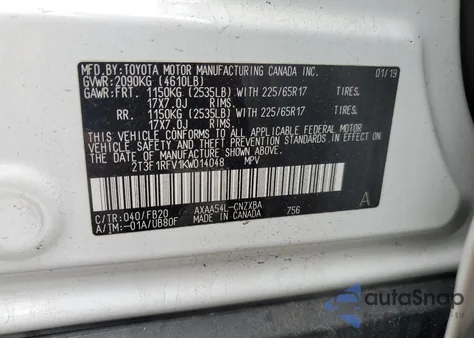 2019 Toyota Rav4 Le из США, поврежденный, VIN 2T3F1RFV1KW014048